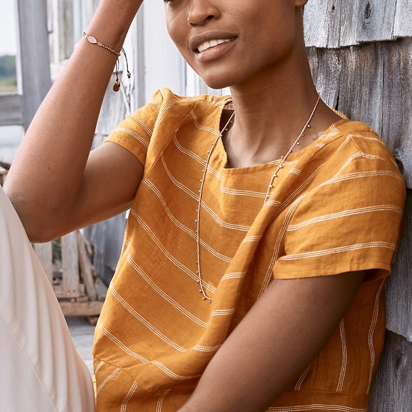 Garnet Hill Mustard Seamed Linen Boxy Top White Stripes - Picture 2 of 10